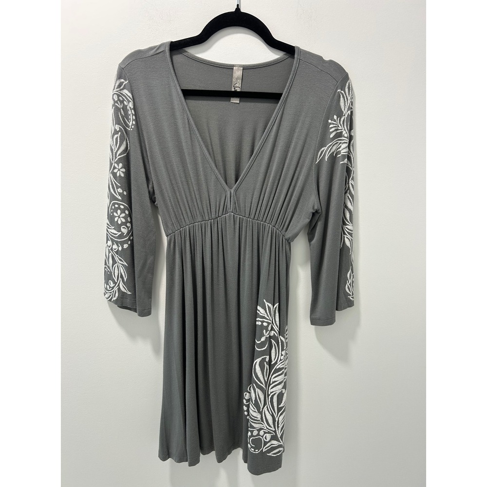 Voel Gray Embroidered Empire Waist V-Neck Tunic Dress Large D843 Made in USA